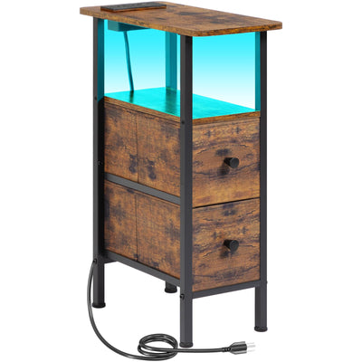 LOAKEKEL Narrow End Table Living Room with Charging Station, Skinny Side Table with Fabric Drawers, Slim LED Nightstand for Bedroom, Small Spaces, Couch, Rustic Brown, HETNDP02LPBR-1