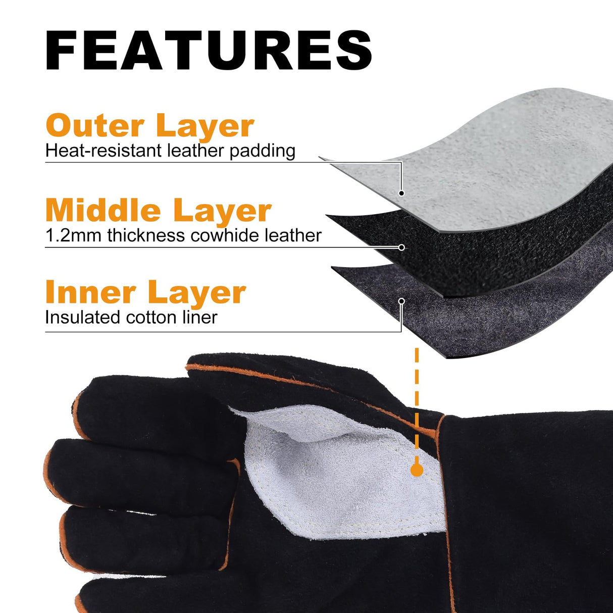 TOPDC Welding Gloves 14 Inches Fire/Heat Resistant Leather For Mig,Tig,Stick,Forge,BBQ,Grill, Fireplace,Wood Stove, Furnace,Pot,Oven TOPDC