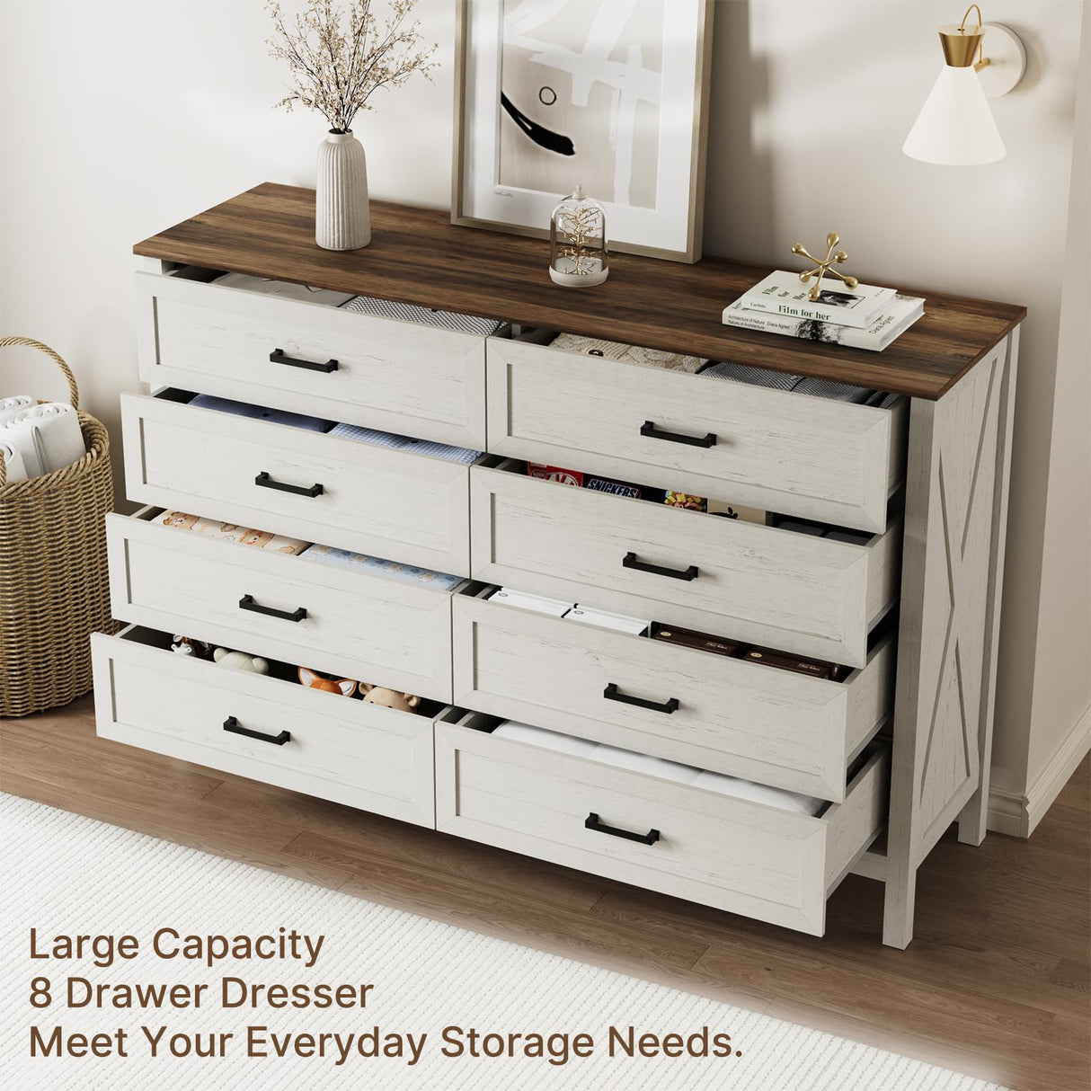 LYNSOM Farmhouse 8 Drawer Dresser for Bedroom, 55 Inch Wide Wood Rustic Chest of Drawers with X-Marking & Bar Handle, Large Storage Dressers Organizer for Bedroom, Living Room, Antique White LYNSOM