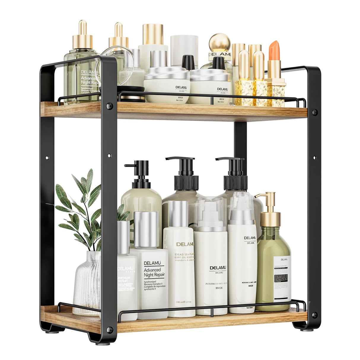 Delamu 2-Tier Bathroom Counter Organizer, Wood Vanity Organizer Countertop for Skincare & Makeup, Multi-Purpose Vanity Bathroom Shelf for Coffee Station Kitchen Storage and Organization Delamu