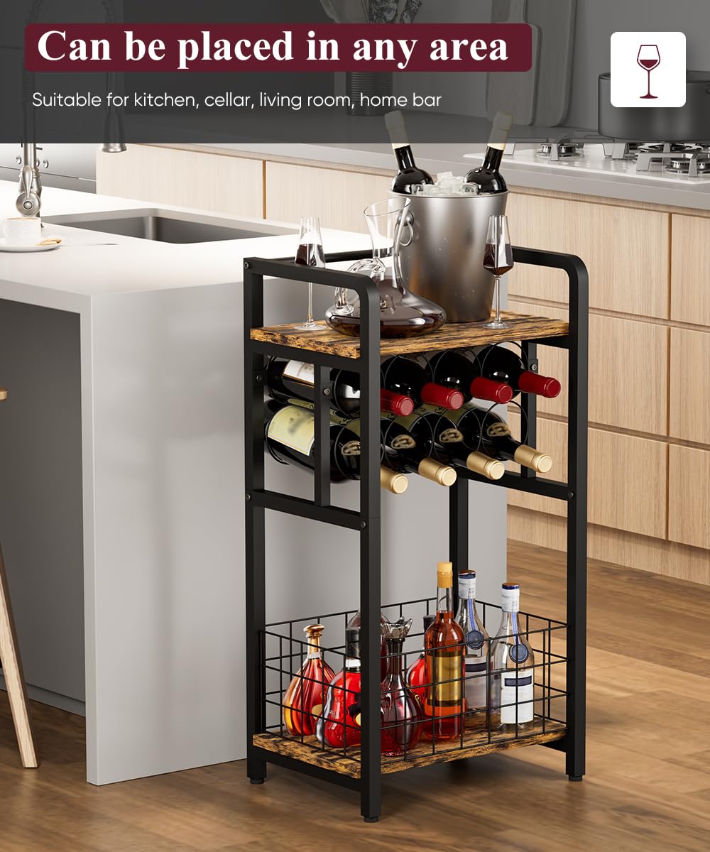 Ansionsol 3-Tier Wine Rack Freestanding Floor with Wood Top, Liquor Stand with Wine Bottle Holder, Corner Mini Bar Table for Small Space, Metal Whiskey Shlef for Kitchen, Cellar, Living Room, Black Ansionsol