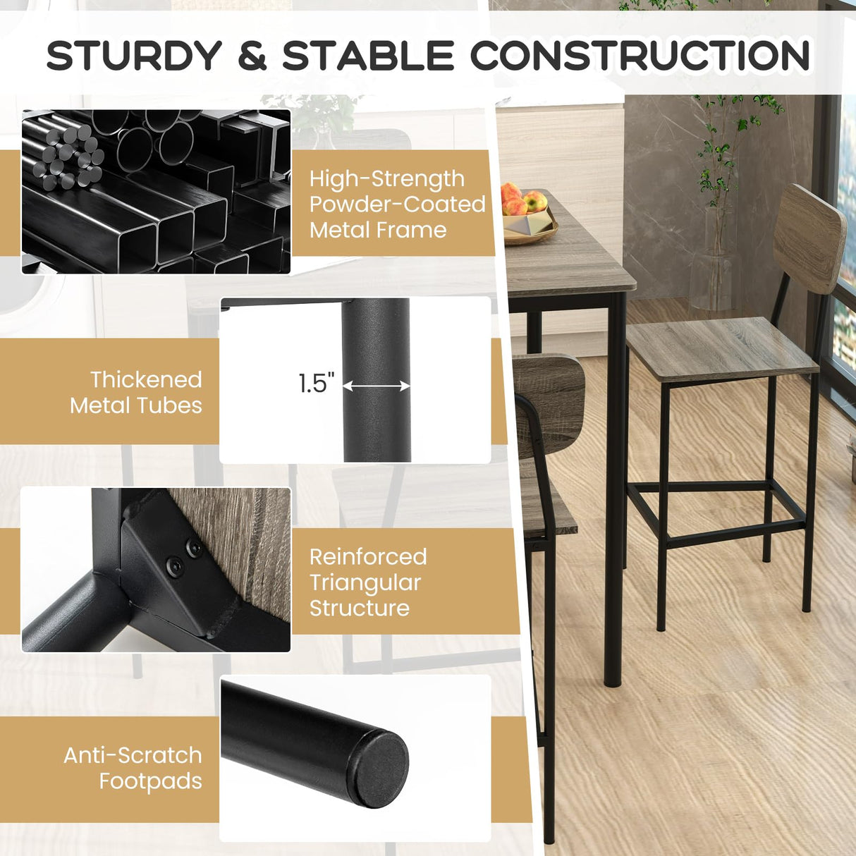 Giantex 5-Piece Dining Table Set W/Counter Height Table & 4 Bar Stools, Modern Kitchen Dining Set W/Footrest & Backrest, Space-Saving Dinette Set for Pub, Dining Room, Restaurant (Black Oak) Giantex