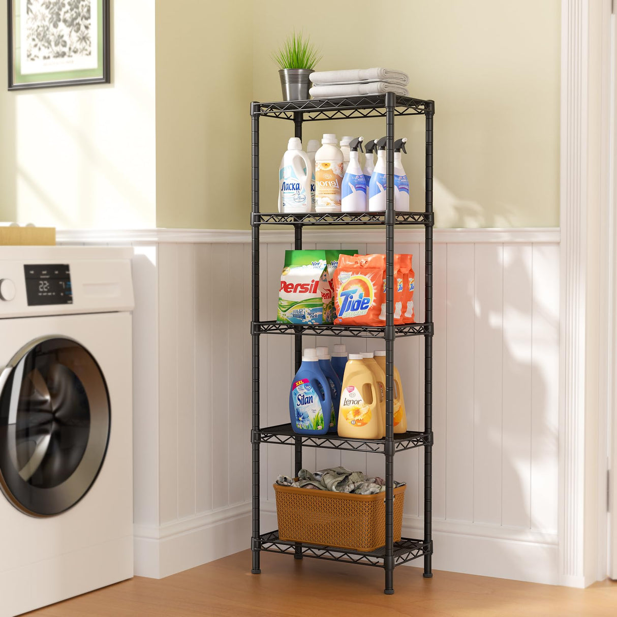 SINGAYE 5 Tier Shelf Wire Shelving Adjustable Storage Shelves Rack Standing Units for Kitchen Closet Laundry Bathroom Organizers Metal Pantry Narrow Mesh Gaps 10" D x 16" W x 55" H Black SINGAYE