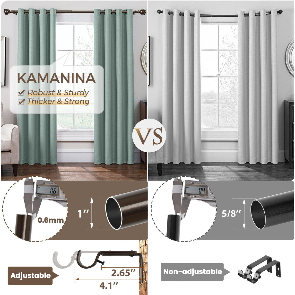 KAMANINA 1 Inch Curtain Rod Telescoping Single Drapery Rod 36 to 72 Inches (3-6 Feet), Antique Bronze Curtain Rods for Windows 24 to 68 Inches, Netted Texture Finials KAMANINA