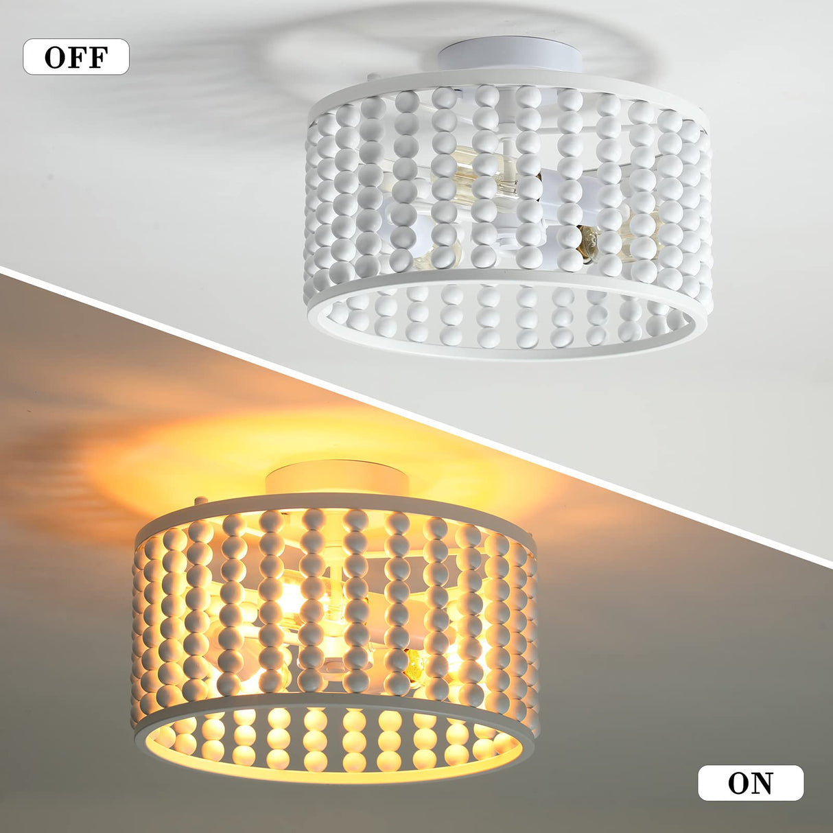 tewei Wood Bead Chandelier, Semi Flush Mount Boho Nursery Ceiling Light Fixture Rustic 3 Lights Chandelier Farmhouse E26 for Kitchen Bedroom Living Dining Room White tewei