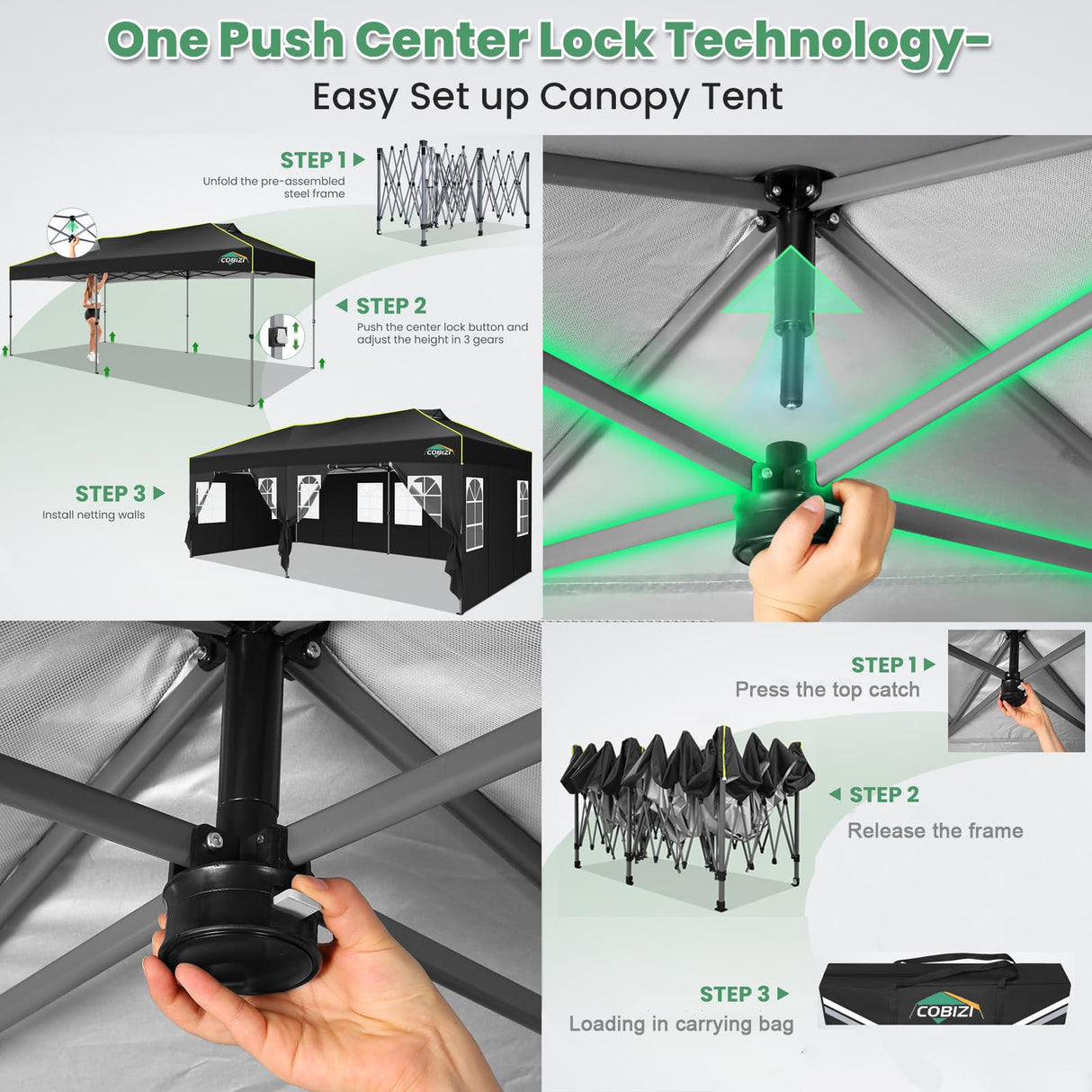 COBIZI 10x20 Pop Up Canopy Tent with 6 Removable Sidewalls, One Push Party Tent Outdoor Waterproof Event Canopy with Air Vent for Parties Commercial Wedding, 3 Height, Carry Bag, Sandbag, Black COBIZI