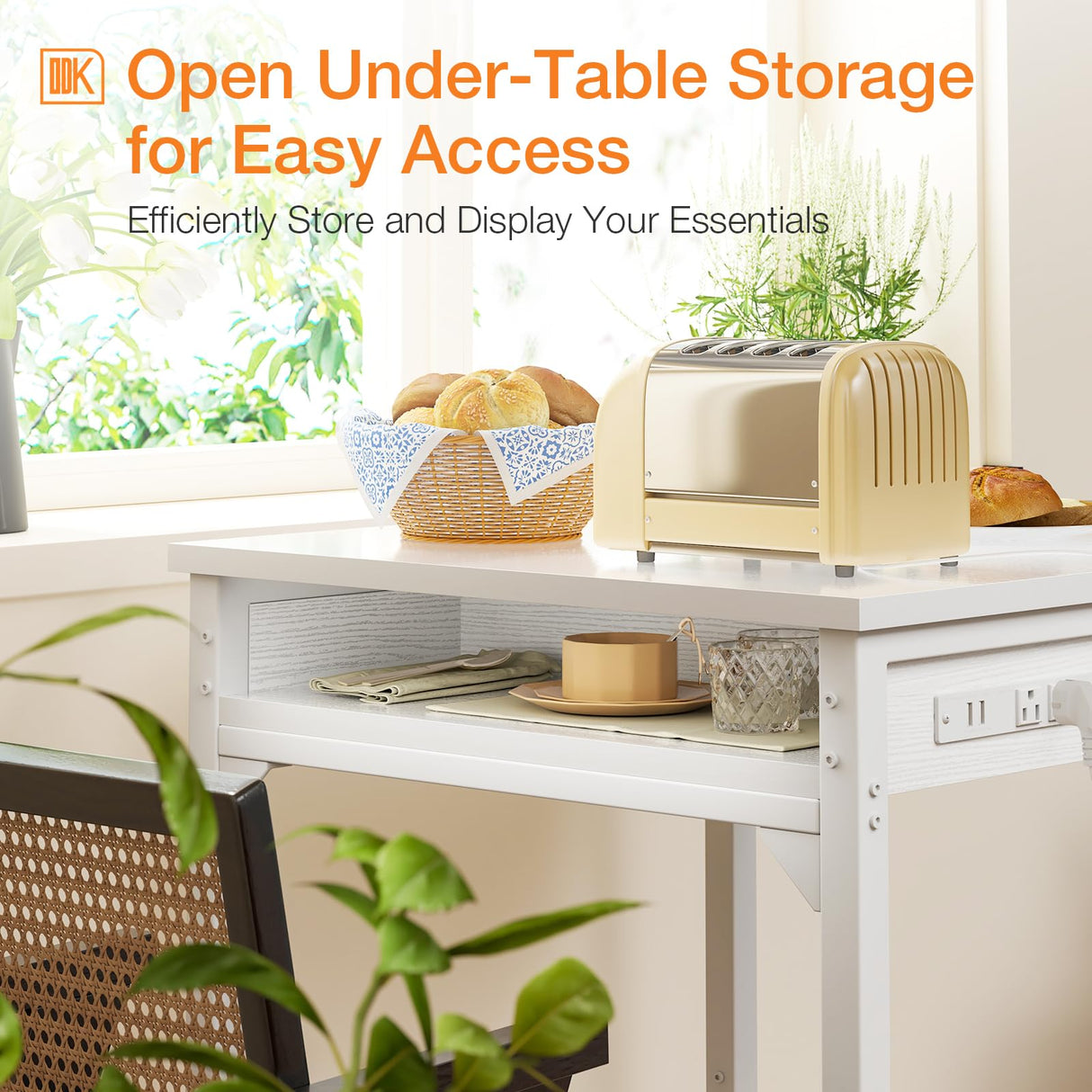 ODK 24x24 Inch Bar Table with Power Outlets & Storage, Modern Counter Height Pub Table with Sturdy Legs for Kitchen & Dining, High Top Console Indoor Table, White ODK