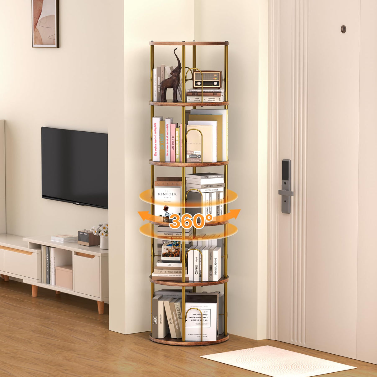 neatevday 5 Tier Rotating Bookshelf, 360° Display Rotating Bookshelf Tower, Tall Spinning Book Shelf, Space Saving Floor Standing Spinning Bookcase for Living Room, Bedroom, Office neatevday
