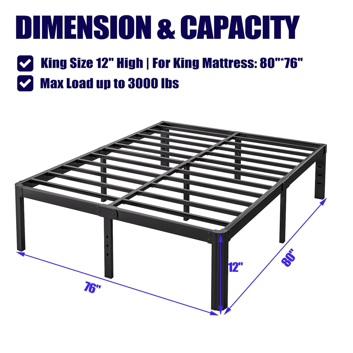 Hunlostten 12" High King Bed Frame No Box Spring Needed, Heavy Duty King Platform Bed Frame with Round Corners, Easy Assembly, Noise Free, Black Hunlostten
