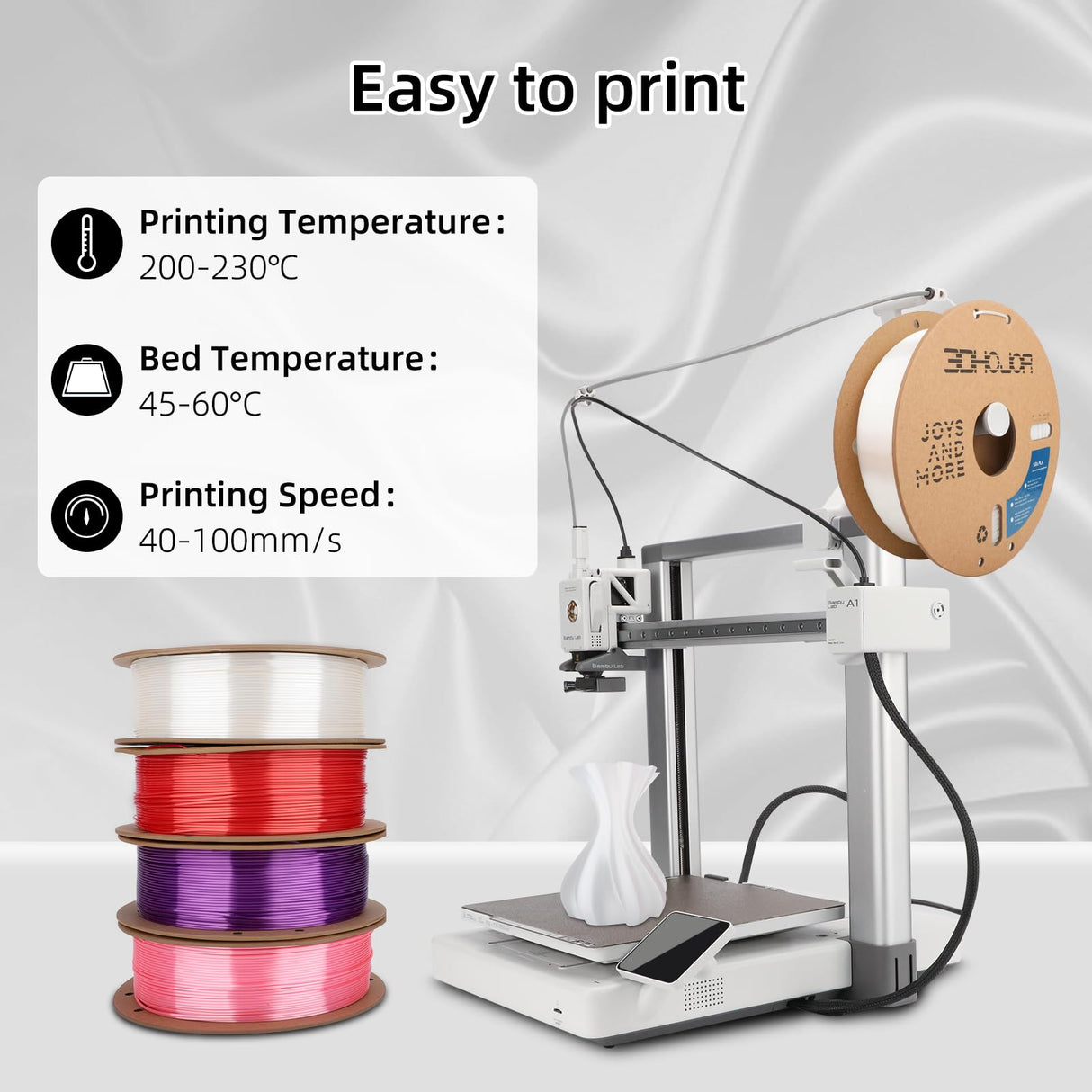 Silk PLA Filament 1.75mm, PLA Filament 1.75mm Silk Shiny 3D Printer Filament, 1kg Cardboard Spool (2.2lbs), Dimensional Accuracy +/- 0.03 mm, Fit Most FDM Printer(White) 3DHoJor