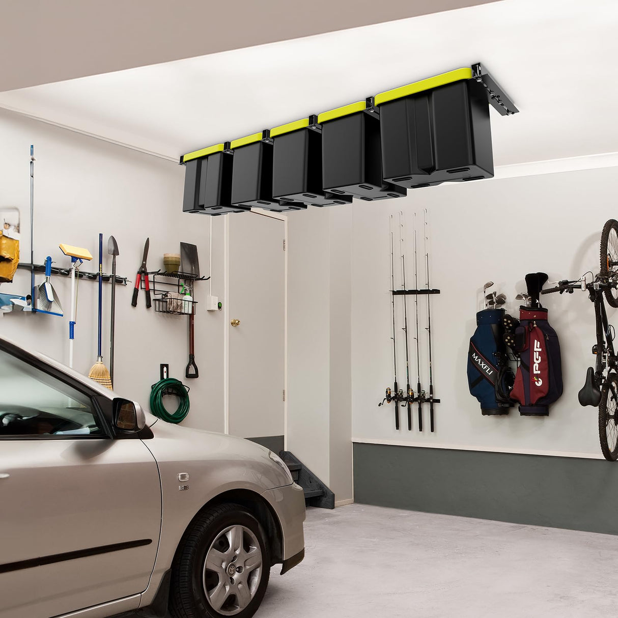 BEAMNOVA Overhead Garage Storage Rack, Heavy Duty Ceiling Storage System for Garages, Sheds, Storerooms Overhead Bin Storage (6 PCS, for 5 Bins) BEAMNOVA