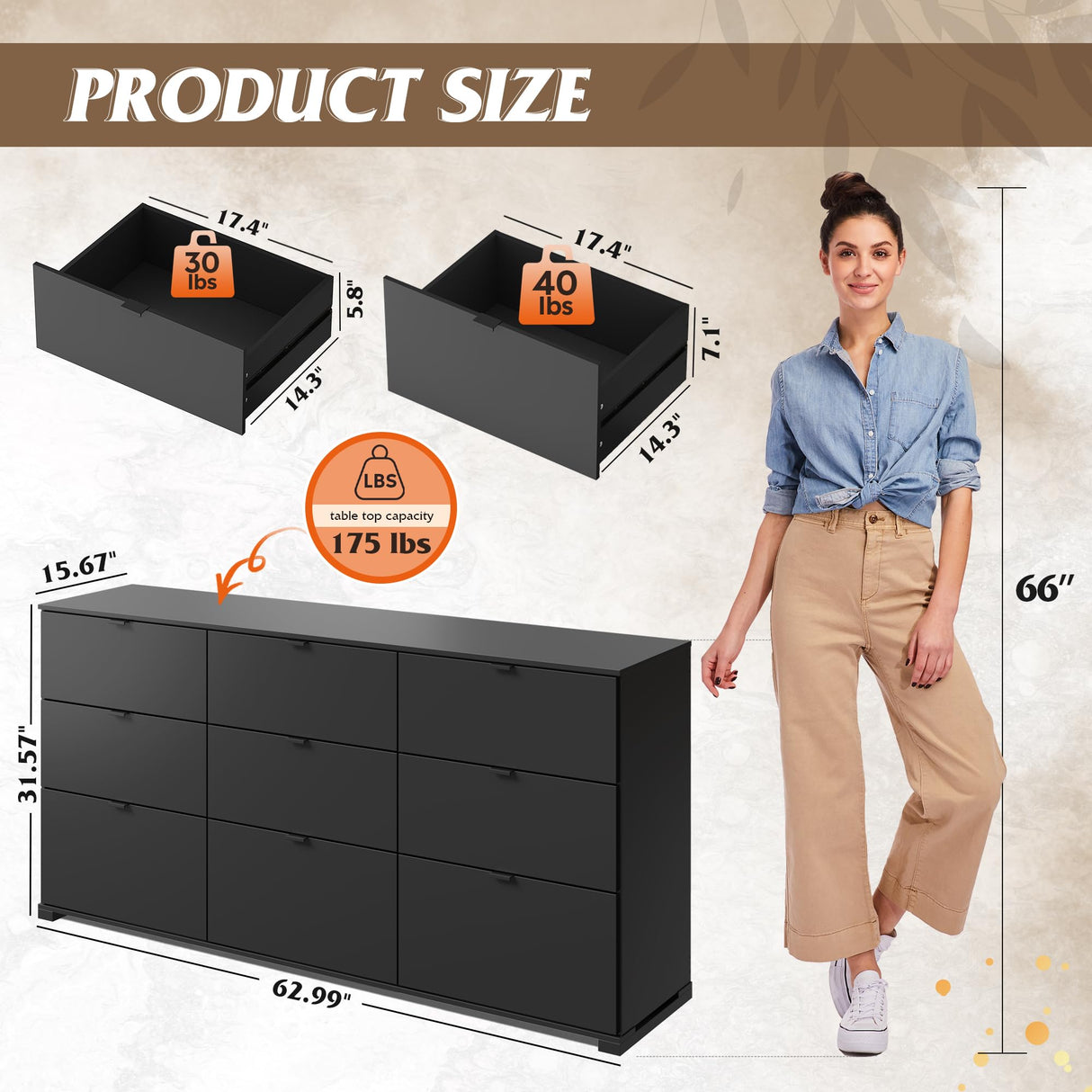 WLIVE 9 Drawer Dressers, Modern Large Wood Dresser Chest for Bedroom Organize with Sturdy Metal Handle, TV Stand for 75 inch TV, Living Room Office, Hallway, Ball Bearing Slide, Black (63" W) WLIVE