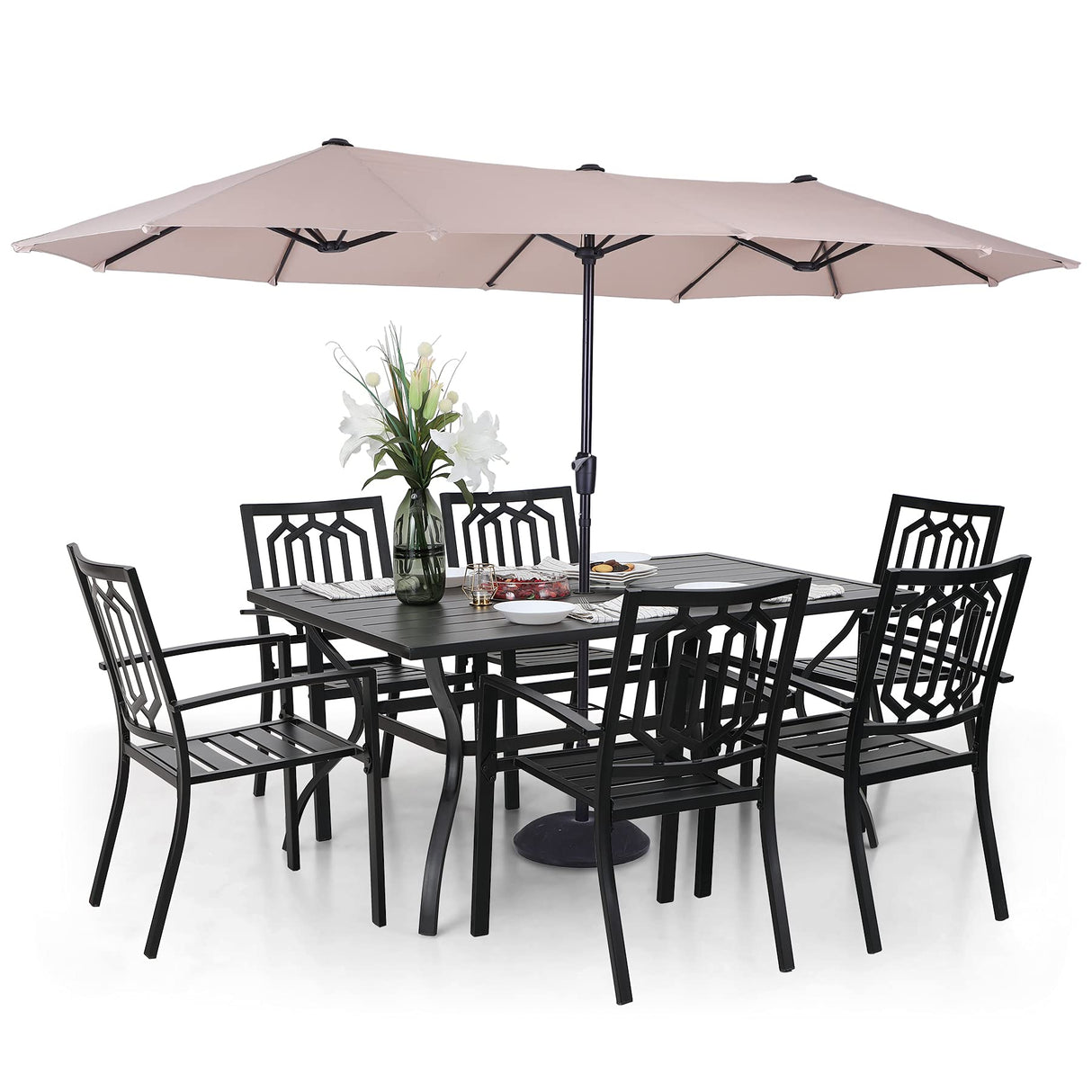 Sophia and William Patio Dining Set for 6 with 13ft Double-Sided Patio Umbrella, 8 Piece Metal Outdoor Table Furniture Set, 6 Outdoor Chairs, 1 Rectangle Dining Table and 1 Large Beige Umbrella Sophia & William