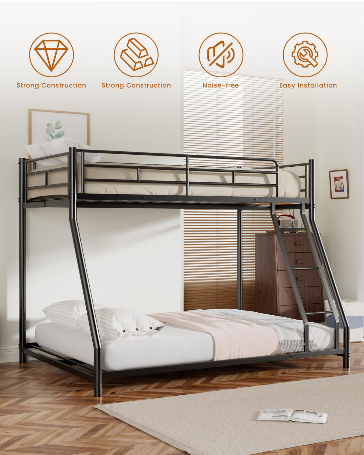 Miscoos Metal Twin Over Full Bunk Bed, Heavy Duty Bunk Beds with Safety Guardrail and Ladder, Noise Reduction, No Box Spring Needed, Black Miscoos