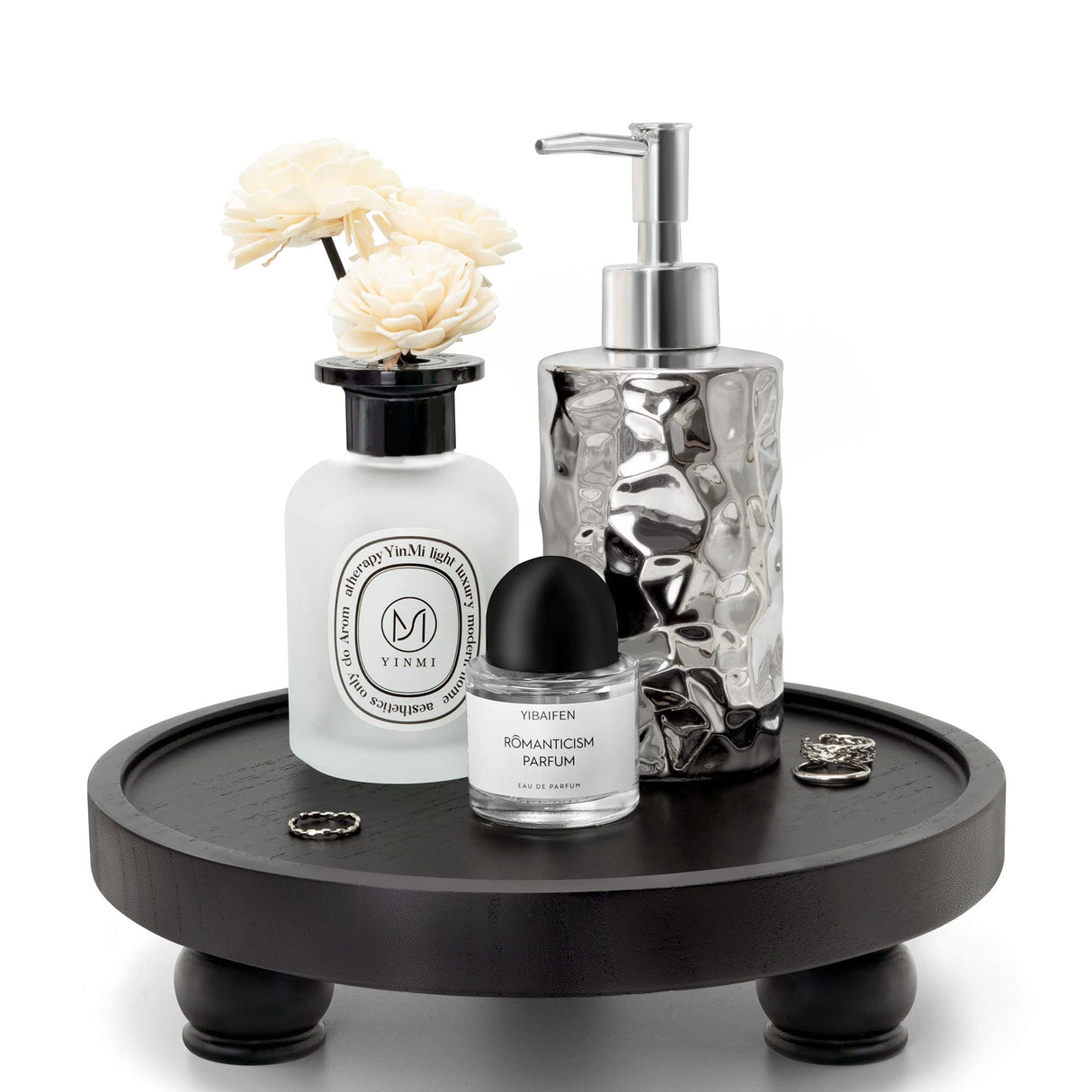 EOSAHR Modern Wood Riser for Display : Farmhouse Pedestal Stand for Kitchen Counter and Home Decor, Round Waterproof Display Tray for Soap on Sink (Black) EOSAHR