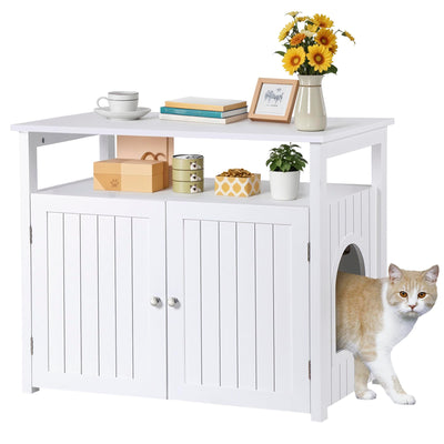 ZENY Cat Litter Box Enclosure, Cat Litter Box Furniture Hidden with Open Shelf, Wooden Cat Litter Cabinet with Divider, Indoor Cat Washroom Storage Bench, White