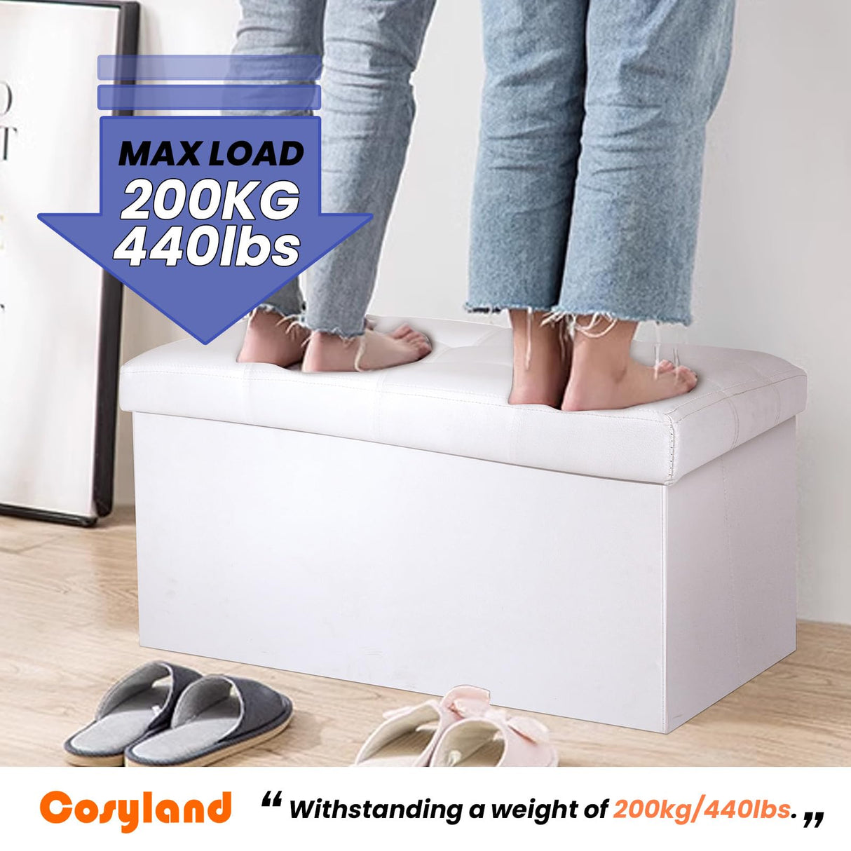 COSYLAND Ottoman Bench with Storage - 30x15x15in Folding Leather Ottoman, Rectangle Foot Stool Foldable Storage Chest Ottoman Footrest Footstool Collapsible with Lid for Bedroom Living Room White COSYLAND