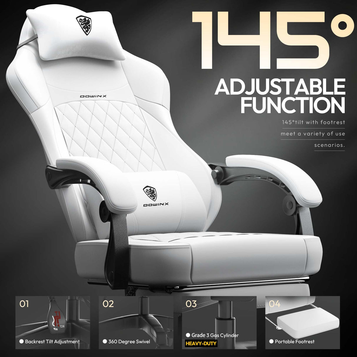 Dowinx Gaming Chair with Pocket Spring Cushion, Ergonomic Computer Chair with Massage Lumbar and Footrest for Adults, High Back Game Chair Leather for Office Gaming 300LBS, All White Dowinx