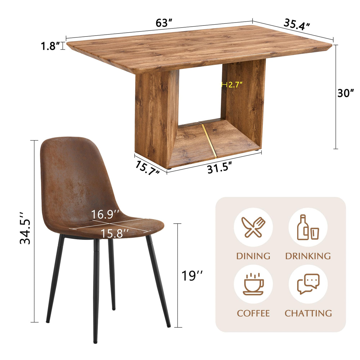 Vohuai 63'' Wood Dining Table Set for 6|Ideal for Kitchen Dining Room|Mid Century Modern Dining Room Set|Farmhouse Kitchen Table Chairs Set|U-Shaped Base|Comfortable Suede Chairs|Easy Assembly Vohuai