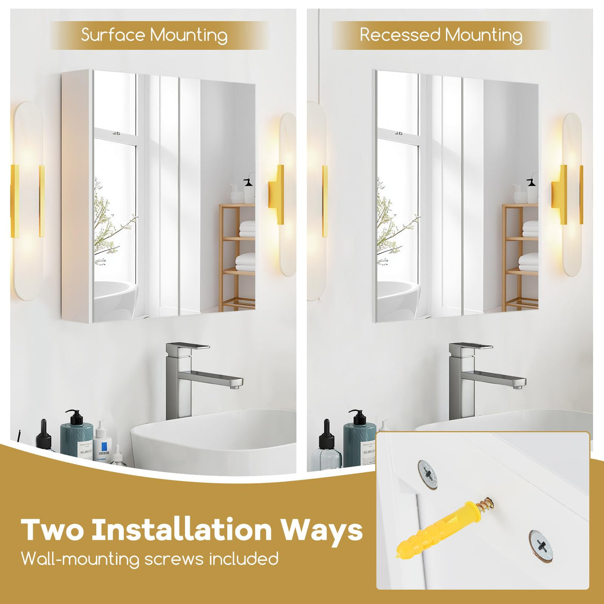 Tangkula Mirrored Medicine Cabinet, Bathroom Wall Hanging Cabinet with Double Mirrored Doors & Adjustable Shelf, Wall-Mounted Bathroom Storage Organizer, White, 24.5 x 4.5 x 25.5 Inches Tangkula