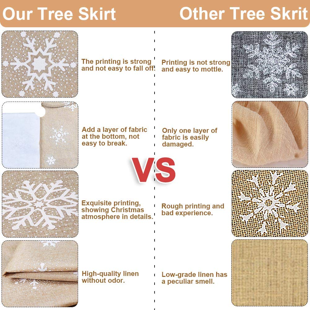 AerWo 48inch Christmas Tree Skirt with White Snowflake, Burlap Tree Skirt with Fur Sides Farmhouse Christmas Tree Skirts for Xmas Decor Festive Holiday Decorations Indoor Outdoor AerWo