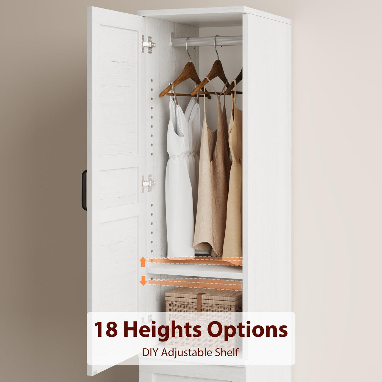 GarveeHome Armoire Wardrobe Closet with 2 Doors,72 in Wooden Wardrobe Cabinet with Hanging Rod, Narrow Tall Clothing Armoire Cabinet with 18 Adjustable Shelves for Bedroom, Clothes, Rustic White GarveeHome