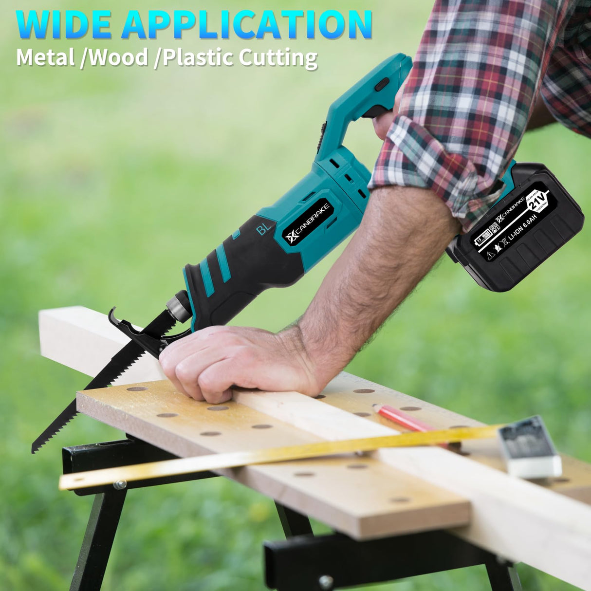 Cordless Reciprocating Saw with Rotated Handle, 2 x 6.0Ah Battery Brushless Power Reciprocating Saw with 12Pcs Blades, 28MM Reciprocating Stroke, Multiple Angles Cutting for Wood/Metal/PVC Canbrake