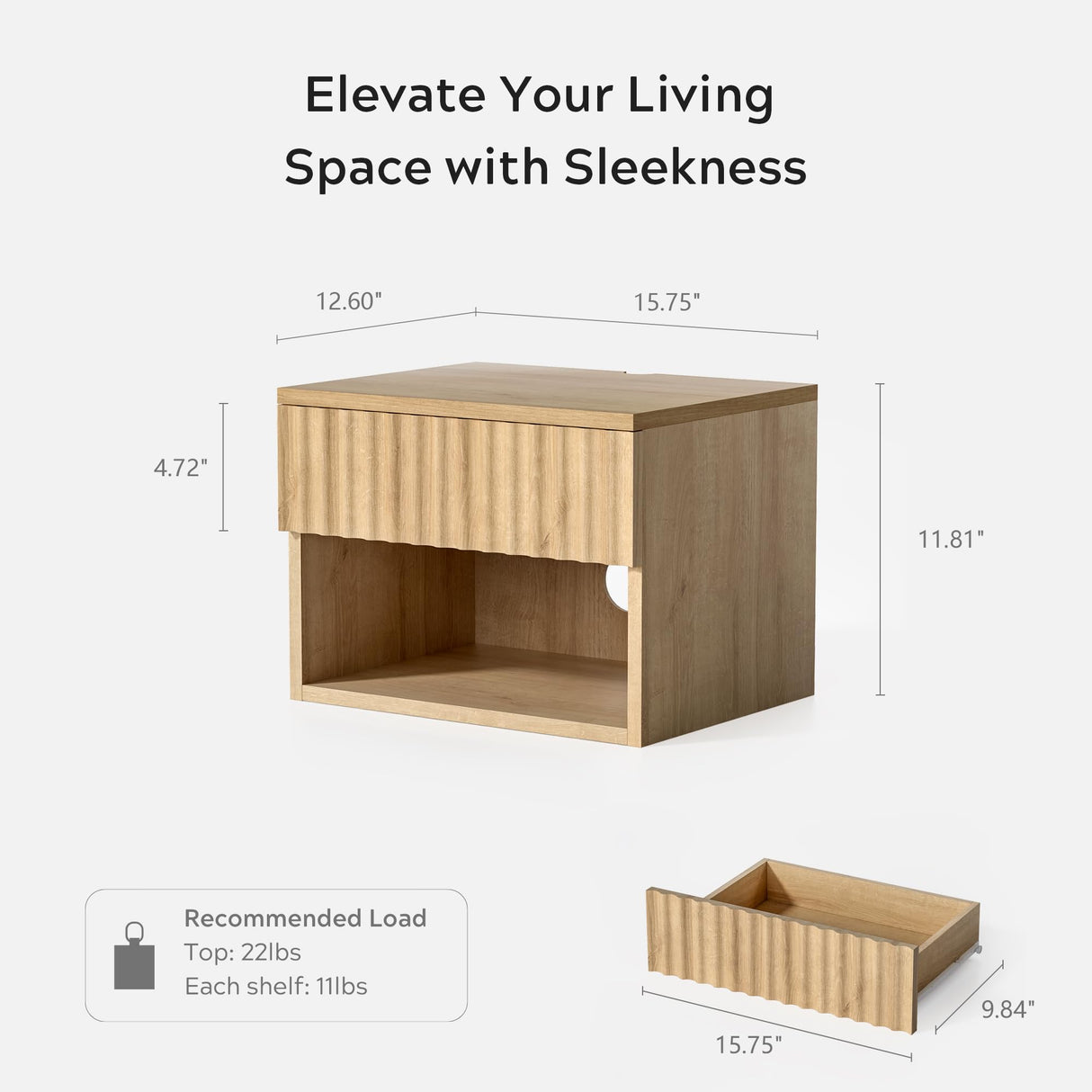 EYYTHUNG Small Floating Nightstand Set of 2, Modern Fluted Night Stand with Drawer and Open Storage Shelf Wall Mounted Bedside Tables Natural Oak EYYTHUNG