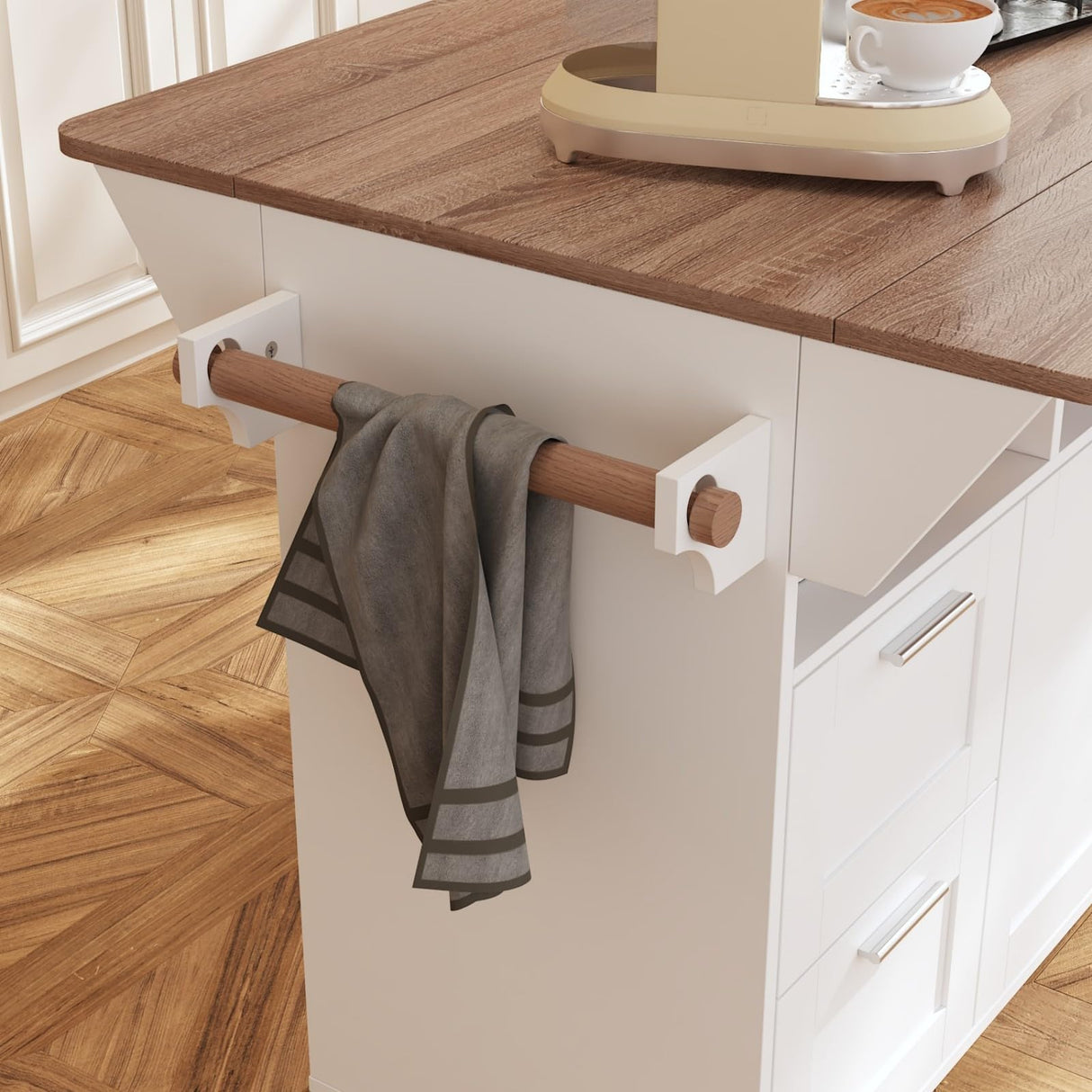 JOIKUJIA Rolling Kitchen Island Cart with Storage, Mobile Kitchen Island on Wheels with Drop Leaf & 2 Drawers, Adjustable Shelf, Towel Rack & Brown Tabletop, White, 70.9”W x 31.7”D x 31.6”H JOIKUJIA