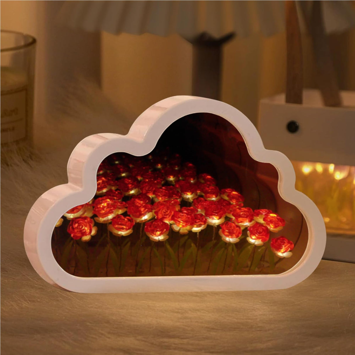 ALYMACK Rose Mirror Lamp Infinity Flower Effect - Cloud-Shaped Flower Mirror & Rose Night Light - Fully Assembled Decorative Illuminated Garden for Bedroom, Living Room & Home Decor (Red Rose) ALYMACK