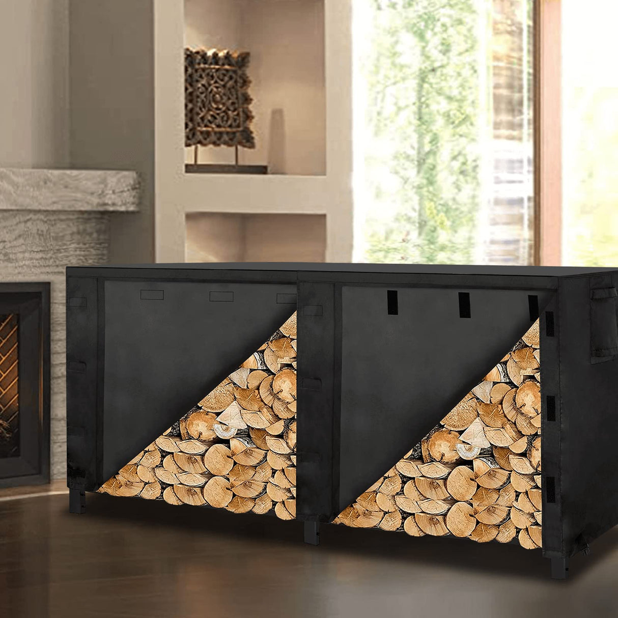 OutdoorLines Outdoor Firewood Rack Cover, Waterproof Wood Rack Covers, Firewood Log Storage Covering for Patio Logs Holder, 8FT Wood Holder Cover, Black, 420D Oxford Fabric (Only Cover, No Rack) OutdoorLines
