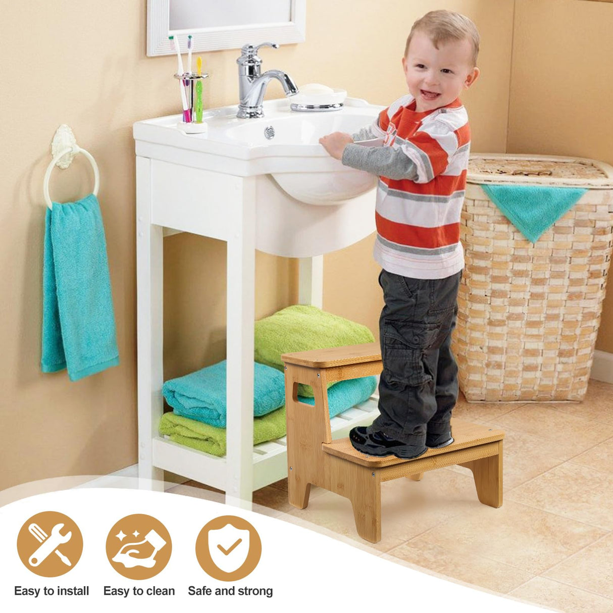 Wooden 2-Step Stool, Bamboo Step Stool with Handles, DIY Non-Slip Surface, Portable Stepping Stool for Kitchen, Toilet, Bathroom Sink, Bedroom, Natural BShome