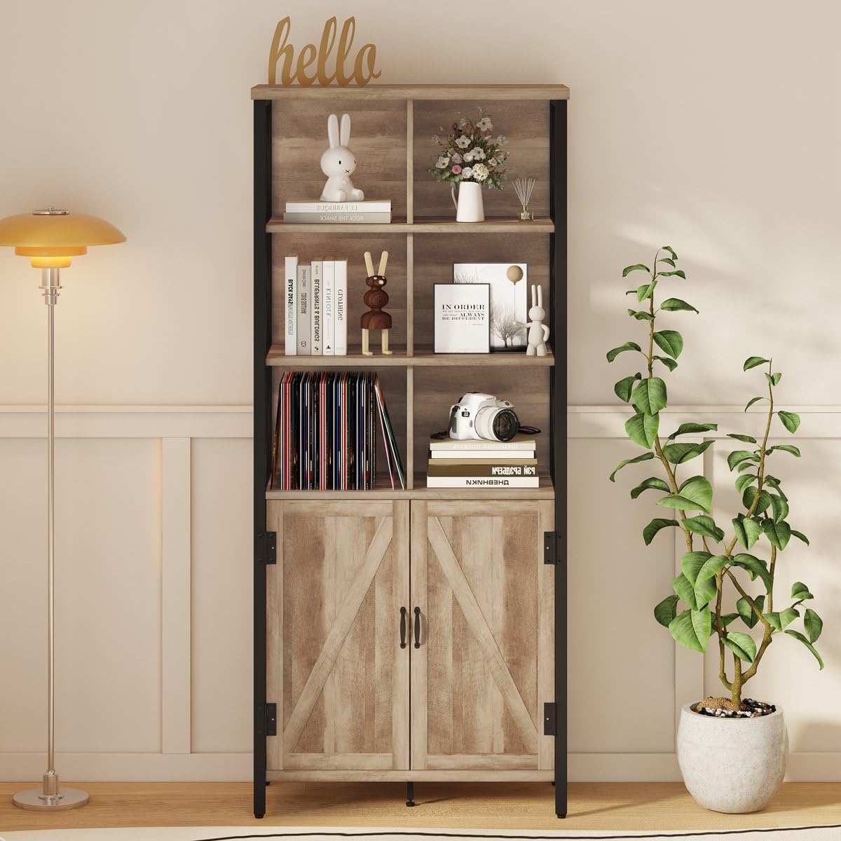 Rustic Oak FATORRI Tall Bookcase with Doors and 6 Cube Organiser for Living Room FATORRI