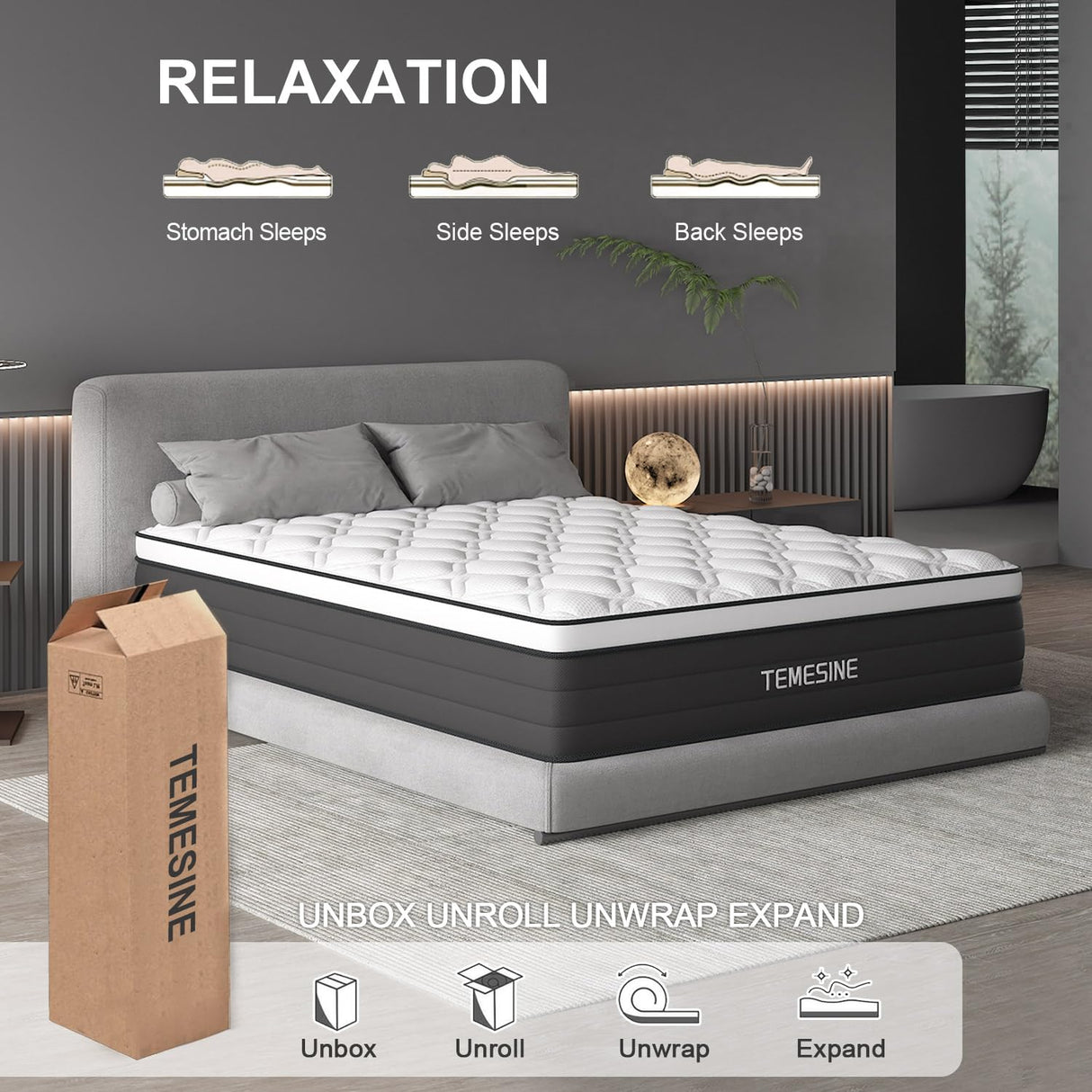 Queen Mattress, 14 Inch Hybrid Mattress in a Box with Individual Pocket Spring, Gel Memory Foam and Euro Top, Medium Firm Feel with Motion Isolation, Pressure Relief, Edge Support,Queen Size Black TEMESINE