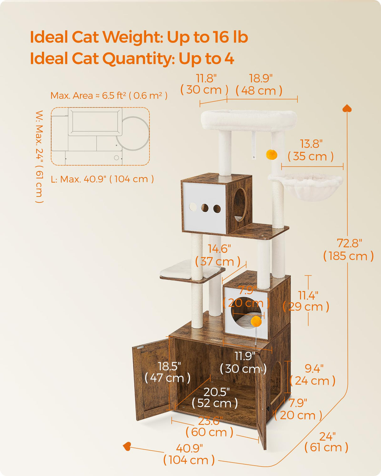 Feandrea Cat Tree with Litter Box Enclosure, 2-in-1 Modern Cat Tower, 72.8-Inch Tall Cat Condo with Scratching Posts, Perch, Caves, Basket, Washable Cushions, Rustic Brown UPCT116X01 Feandrea