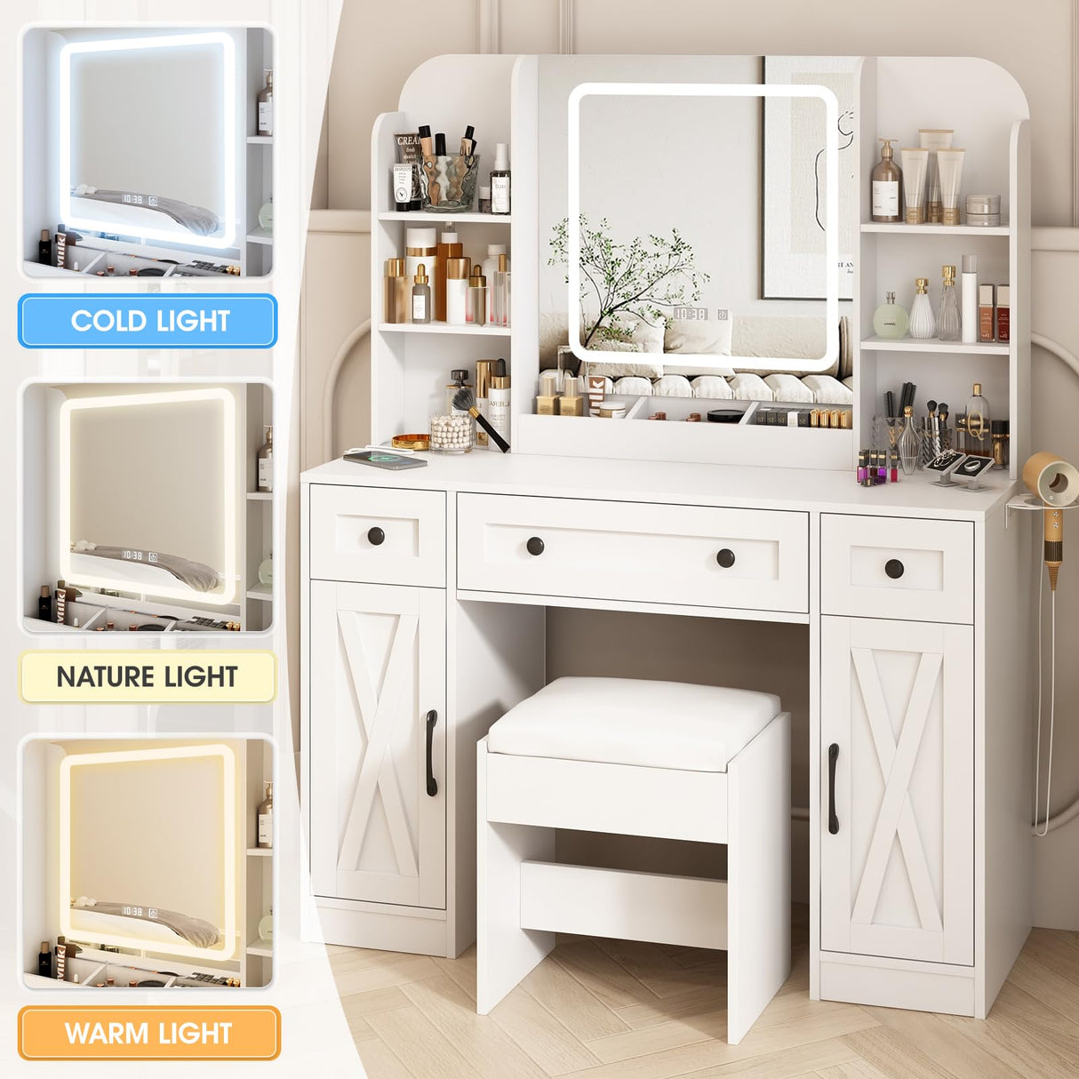 Fameill Vanity Mirror with Lights, Makeup Vanity Desk and Chair, White Vanity Table with Large Storage Drawers and Shelves, Time and Temperature Display, 3 LED Lighting Modes Adjustable Fameill