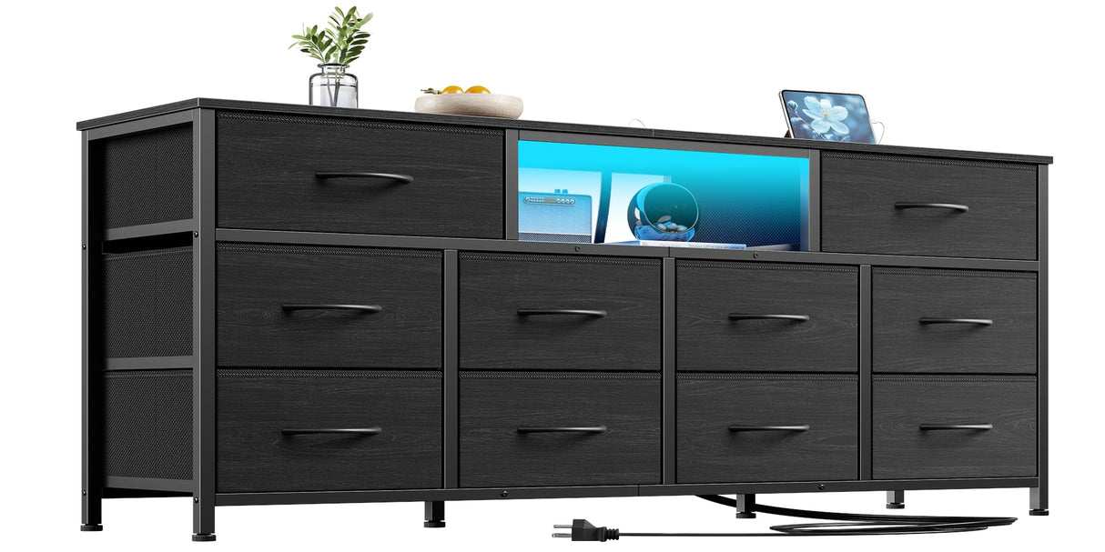 Furnulem 55” Long Dresser for Bedroom, TV Stand for 55 to 65 inch TV, Black Dresser with 10 Fabric Drawers, Chest of Drawer for Closet, Entertainment Center with Power Outlet & LED Light Furnulem