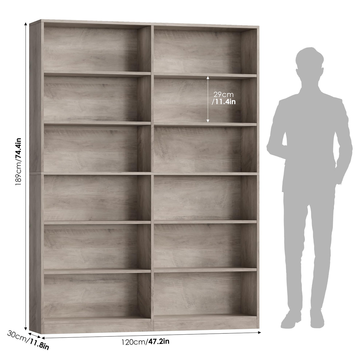 FACBOTALL Bookshelf and Bookcase, 6-Tier Double Wide Bookshelves, Freestanding Display Storage Shelves, Tall Bookcases for Home Decor Bedroom, Living Room, Home Office, Wash Gray FACBOTALL