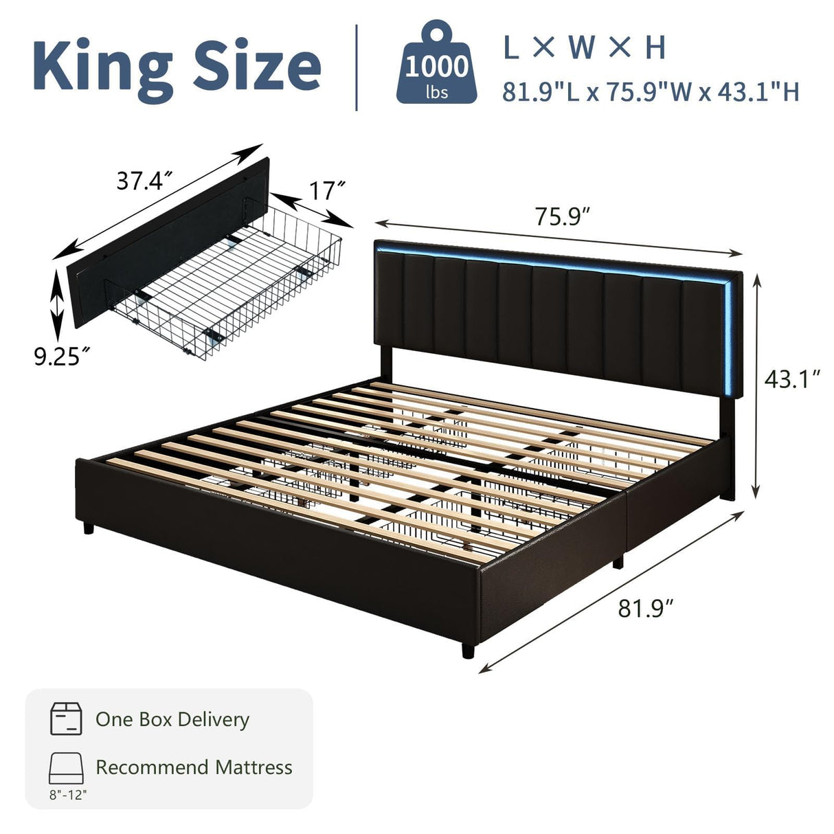 IMMERSTABLE King Bed Frame with 4 Drawers, Bed Frame King Size with LED Lights, Upholstered Bed Frame King Size and Headboard, No Box Spring Needed, Noise-Free, Easy Assembly, Black IMMERSTABLE