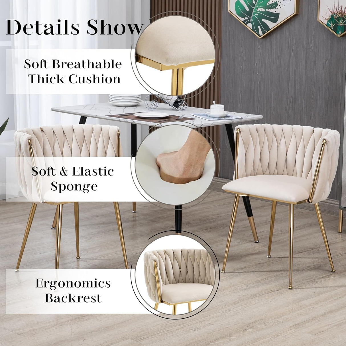 HAIZAO Modern Glass Dining Table Set for 6, 63'' Rectangular Tempered Tabletop with Aesthetic V Shape Gold Metal Base & 6 Beige Gold Woven Dining Chairs, 7 Piece Luxury Dining Table Set HAIZAO