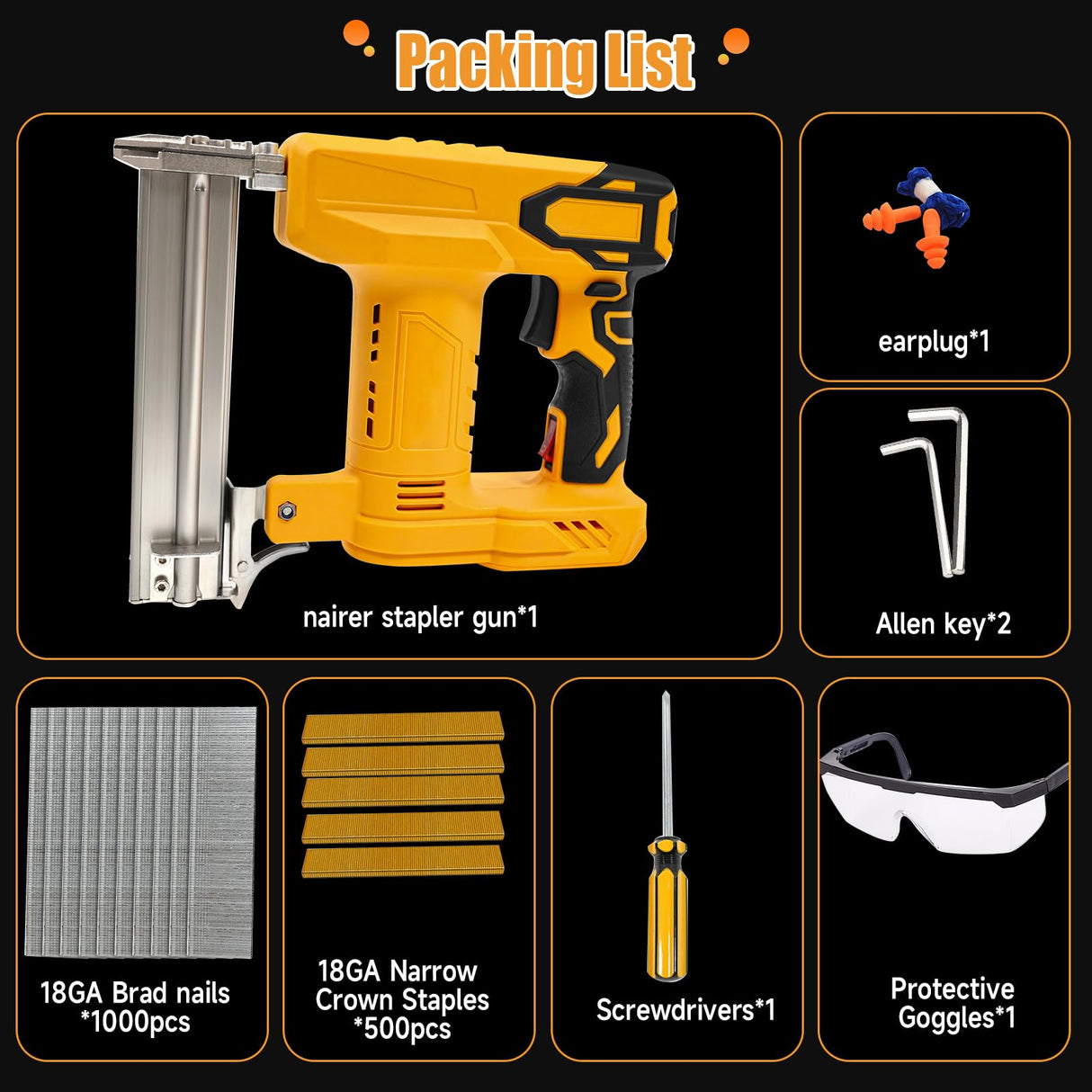 18GA Cordless Brad Nailer for Dewalt 20V MAX Battery, 2-in-1 Electric Nail Gun/Staple Gun, with 1000pcs Nails and 500pcs Staples, for Upholstery Woodworking, Tool Only (Yellow) Yuqutum