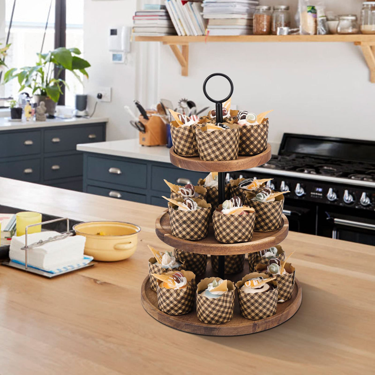 3 Tier Cupcake Stand, Wood Tiered Serving Tray Cupcake Tower, Serving Stand Display Dessert Cookie Candy Buffet Holder for Home Tea Party, Wedding, Farmhouse Decor, Tea Party Decor, Kitchen Decor QIELSER