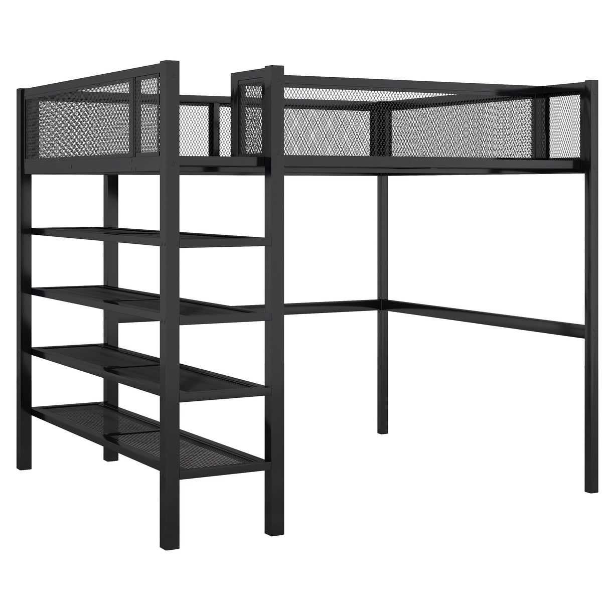 Bellemave Full Size Loft Bed with 4-Tier Shelves and Storage, Metal Loft Bed with Bookshelf, Full Size Loft Bed with Storage Stairs(with Bookshelf, Black) Bellemave