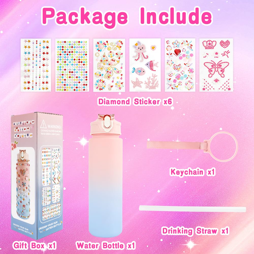 Decorate Your Own Water Bottle Kits for Girls, Birthday Gift for Girls, 4-12 Year Old Girl Gifts, Girls Water Bottle and DIY Gem Stickers with Crafts Kits for Girls, Valentines Easter Gift for Girls Liwidon