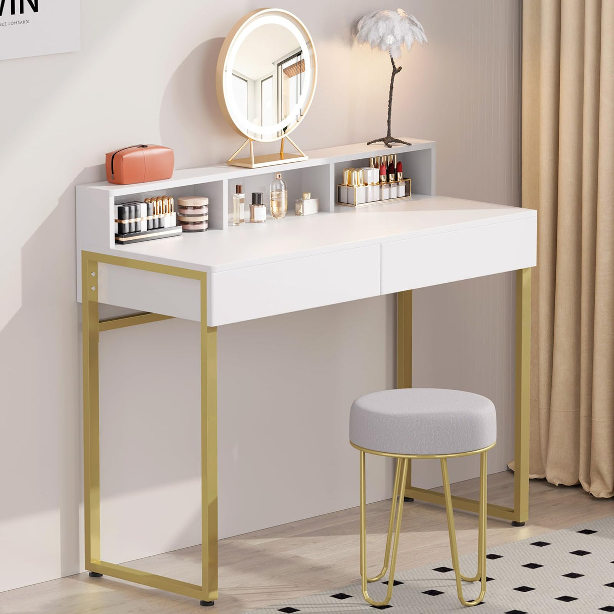 GreenForest Vanity Desk with 2 Drawers, White Makeup Desk with 3 Storage Spaces, 40 inch Small Desk with Gold Metal Legs, Modern Home Office Desk for Kids, Bedroom (No Mirror) GreenForest
