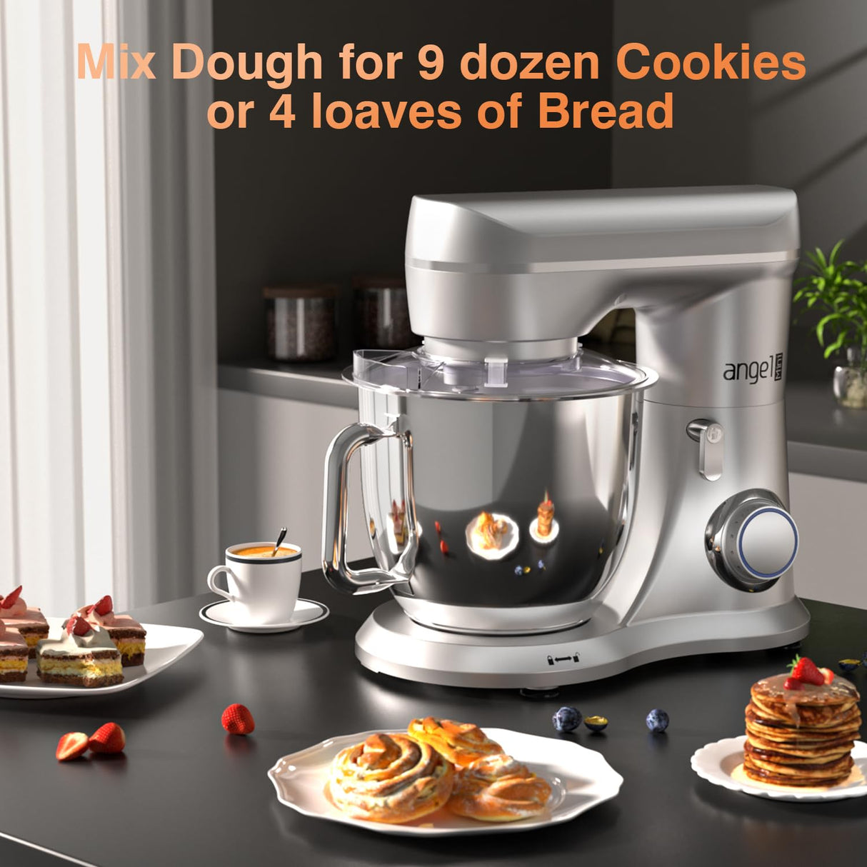 Mini Angel Stand Mixer,10-Speed 5QT Kitchen Electric Mixer,Tilt-Head Food Mixer with Dough Hook, Wire Whisk, Flat Beater, Stainless Steel Bowl (Silver) Mini angel