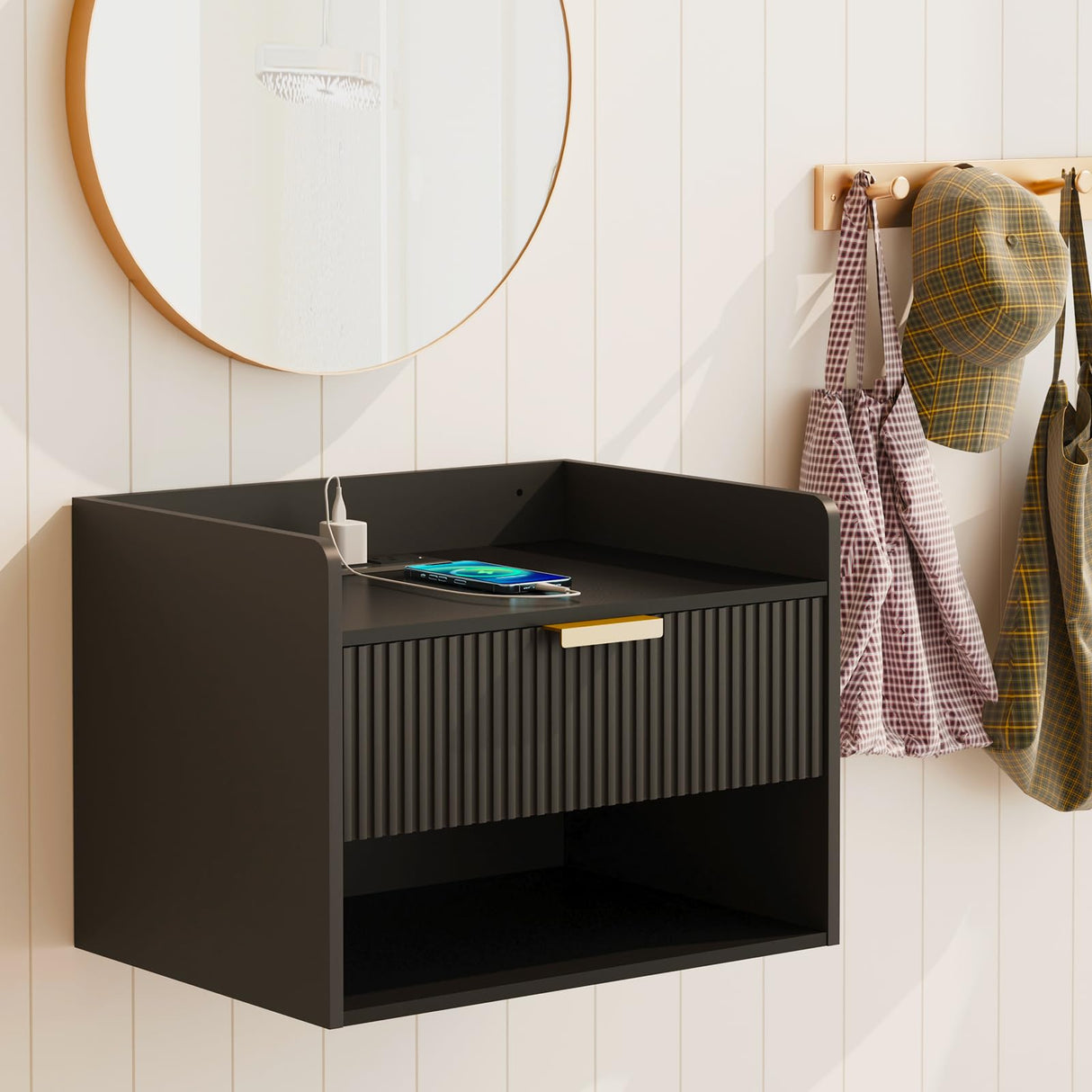 Arbuxzuy Floating Nightstand with Charging Station, Modern Wall Mounted Bedside Table with Drawer & Open Shelf, Minimalist Wooden Night Stand for Bedroom (Black) Arbuxzuy