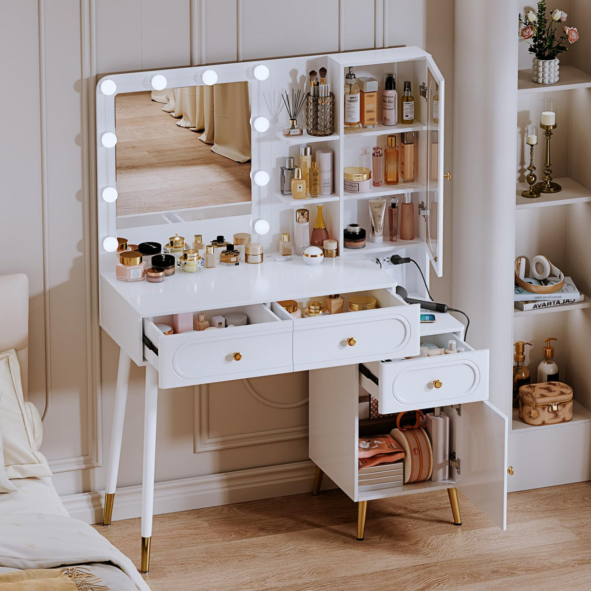 YYJ Vanity Desk with Mirror and Lights, with Chair, Modern High Capacity Makeup Vanity with 3 Drawers, Makeup Table with Power Outlet and 10 Lights for Bedroom,Makeup Room, White YYJ