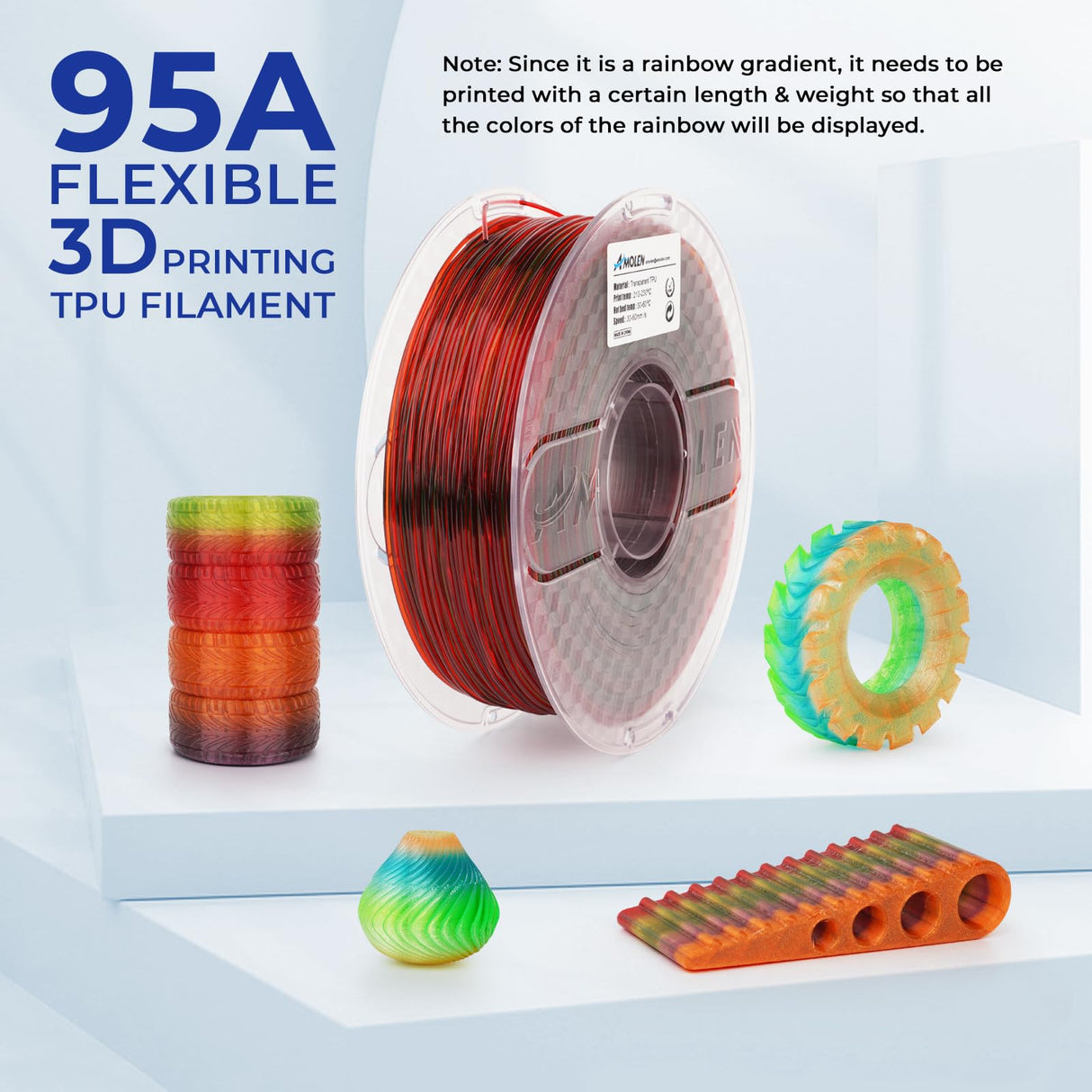 AMOLEN TPU High Speed Filament 1.75mm,Flexible TPU 3D Printer Filament,Dimensional Accuracy +/- 0.03 mm,Transparent Rainbow Red Green Purple Orange 1kg/2.5lbs Fit Most FDM Printer, 3DTPURGPO AMOLEN