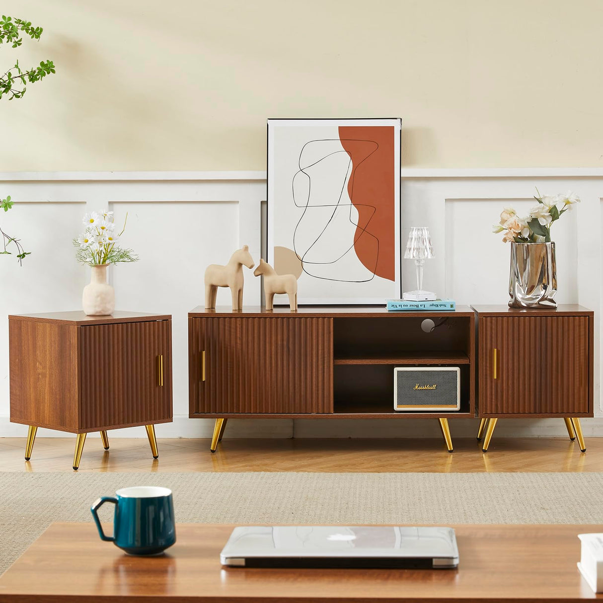 COSVALVE 71" TV Stand for 65/75/80 Inch TVs, Free Combination Walnut Entertainment Center for Living Room, Modern with Fluted Panel, Storage Cabinets, Adjustable Shelves & Metal Legs COSVALVE